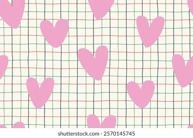 Plaid rough with hearts seamless pattern. Checkered line romantic ornament vector illustration. Mesh color cottagecore design for textile, fabric, wrapper, packaging, background.