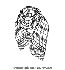 plaid scarf with fringe, winter & autumn clothing accessory, logo or emblem for knitting, vector illustration with black ink contour lines isolated on a white background in a doodle & hand drawn style