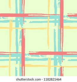 Plaid. Seamless Background with Stripes. Abstract Texture with Horizontal and Vertical Dry Brush Strokes. Scribbled Grunge Motif for Dress, Paper, Tablecloth. Scottish Motiff. Vector Texture.