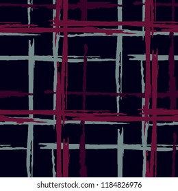 Plaid. Seamless Background with Stripes. Abstract Texture with Horizontal and Vertical Dry Brush Strokes. Scribbled Grunge Rapport for Cotton, Print, Calico. Scottish Ornament. Vector Texture.