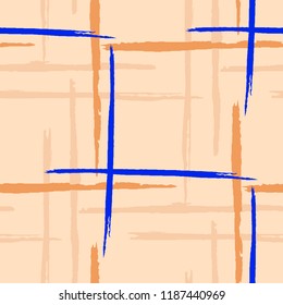 Plaid. Seamless Background with Stripes. Abstract Texture with Horizontal and Vertical Brush Strokes. Scribbled Grunge Pattern for Dress, Paper, Tablecloth. Scottish Ornament. Vector Texture.