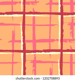 Plaid. Seamless Background with Stripes. Abstract Texture with Horizontal and Vertical Dry Brush Strokes. Scribbled Grunge Motif for Cotton, Calico, Textile. Scottish Ornament. Vector Texture.
