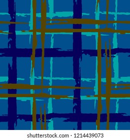 Plaid. Seamless Background with Stripes. Abstract Texture with Horizontal and Vertical Dry Brush Strokes. Scribbled Grunge Motif for Print, Fabric, Textile.  Irish Ornament. Vector Texture.