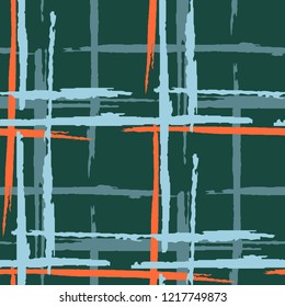 Plaid. Seamless Background with Stripes. Abstract Texture with Horizontal and Vertical Dry Brush Strokes. Scribbled Grunge Pattern for Cotton, Print, Calico. Scottish Ornament. Vector Texture.