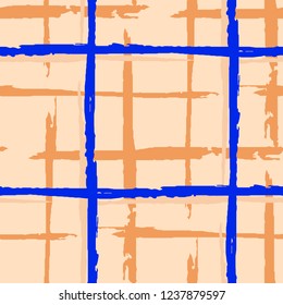 Plaid. Seamless Background with Stripes. Abstract Texture with Horizontal and Vertical Dry Brush Strokes. Scribbled Grunge Motif for Chintz, Curtain, Paper. Irish Ornament. Vector Texture.
