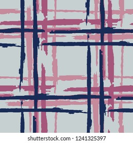 Plaid. Seamless Background with Stripes. Abstract Texture with Horizontal and Vertical Dry Brush Strokes. Scribbled Grunge Pattern for Chintz, Linen, Paper. Scottish Ornament. Vector Texture.