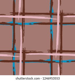 Plaid. Seamless Background with Stripes. Abstract Texture with Horizontal and Vertical Dry Brush Strokes. Scribbled Grunge Pattern for Chintz, Linen, Paper. Scottish Ornament. Vector Texture.
