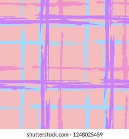 Plaid. Seamless Background with Stripes. Abstract Texture with Horizontal and Vertical Dry Brush Strokes. Scribbled Grunge Pattern for Wallpaper, Cotton, Textile. Scottish Motiff. Vector Texture.