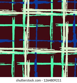 Plaid. Seamless Background with Stripes. Abstract Texture with Horizontal and Vertical Brush Strokes. Scribbled Grunge Motif for Cotton, Calico, Textile. Scottish Motiff. Vector Texture.