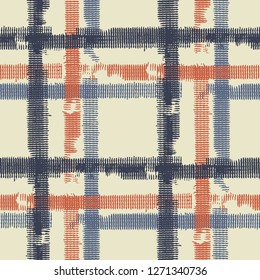 Plaid. Seamless Background with Stripes. Abstract Texture with Horizontal and Vertical Strokes. Scribbled Grunge Rapport for Chintz, Linen, Paper. Scottish Motiff. Vector Texture.