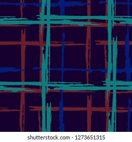 Plaid. Seamless Background with Stripes. Abstract Texture with Horizontal and Vertical Brush Strokes. Scribbled Grunge Motif for Cotton, Print, Calico. Scottish Ornament. Vector Texture.