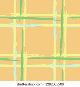 Plaid. Seamless Background with Stripes. Abstract Texture with Horizontal and Vertical Dry Brush Strokes. Scribbled Grunge Motif for Dress, Curtain, Paper. Scottish Motiff. Vector Texture.