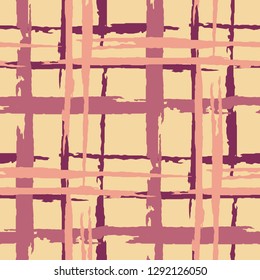 Plaid. Seamless Background with Stripes. Abstract Texture with Horizontal and Vertical Brush Strokes. Scribbled Grunge Pattern for Dress, Curtain, Paper. Scottish Motiff. Vector Texture.