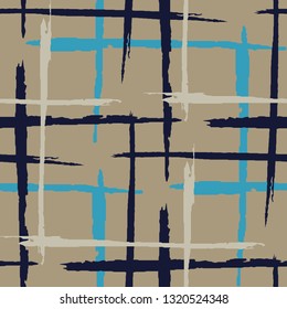 Plaid. Seamless Background with Stripes. Abstract Texture with Horizontal and Vertical Brush Strokes. Scribbled Grunge Pattern for Cotton, Print, Textile. Scottish Ornament. Vector Texture.