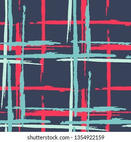 Plaid. Nahtloser Hintergrund mit Streifen. Abstrakte Textur mit horizontalen und vertikalen Pinselstrichen. Geschriebenes Grunge Muster für Druck, Stoff, Stoff. Schottisches Ornament. Vektorgrafik.