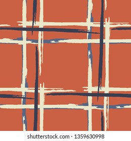 Plaid. Seamless Background with Stripes. Abstract Texture with Horizontal and Vertical Dry Brush Strokes. Scribbled Grunge Motif for Print, Cloth, Fabric. Scottich Ornament. Vector Texture.