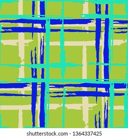 Plaid. Seamless Background with Stripes. Abstract Texture with Horizontal and Vertical Dry Brush Strokes. Scribbled Grunge Pattern for Dress, Curtain, Paper. Irish Ornament. Vector Texture.