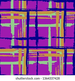 Plaid. Seamless Background with Stripes. Abstract Texture with Horizontal and Vertical Dry Brush Strokes. Scribbled Grunge Motif for Wallpaper, Cotton, Textile. Scottish Ornament. Vector Texture.