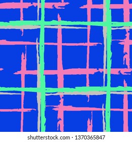 Plaid. Seamless Background with Stripes. Abstract Texture with Horizontal and Vertical Dry Brush Strokes. Scribbled Grunge Pattern for Chintz, Linen, Paper. Scottish Ornament. Vector Texture.