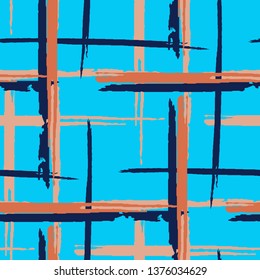 Plaid. Seamless Background with Stripes. Abstract Texture with Horizontal and Vertical Dry Brush Strokes. Scribbled Grunge Motif for Dress, Curtain, Tablecloth. Irish Ornament. Vector Texture.