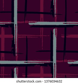 Plaid. Seamless Background with Stripes. Abstract Texture with Horizontal and Vertical Dry Brush Strokes. Scribbled Grunge Pattern for Wallpaper, Cotton, Textile. Scottish Ornament. Vector Texture.