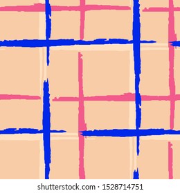 Plaid. Seamless Background with Stripes. Abstract Texture with Horizontal and Vertical Dry Brush Strokes. Scribbled Grunge Motif for Cotton, Print, Textile. Scottish Ornament. Vector Texture.