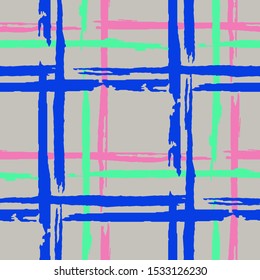 Plaid. Seamless Background with Stripes. Abstract Texture with Horizontal and Vertical Brush Strokes. Scribbled Grunge Motif for Print, Fabric, Textile. Irish Ornament. Vector Texture.
