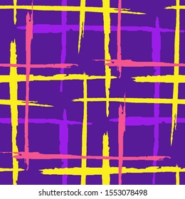Plaid. Seamless Background with Stripes. Abstract Texture with Horizontal and Vertical Dry Brush Strokes. Scribbled Grunge Motif for Cotton, Print, Calico. Irish Ornament. Vector Texture.