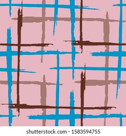 Plaid. Seamless Background with Stripes. Abstract Texture with Horizontal and Vertical Dry Brush Strokes. Scribbled Grunge Pattern for Print, Fabric, Textile. Scottish Ornament. Vector Texture.