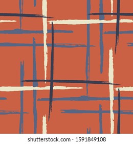 Plaid. Seamless Background with Stripes. Abstract Texture with Horizontal and Vertical Brush Strokes. Scribbled Grunge Motif for Wallpaper, Print, Cotton. Scottish Motiff. Vector Texture.