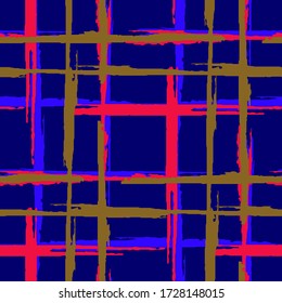 Plaid. Seamless Background with Stripes. Abstract Texture with Horizontal and Vertical Brush Strokes. Scribbled Grunge Motif for Print, Cloth, Fabric. Irish Ornament. Vector Texture.