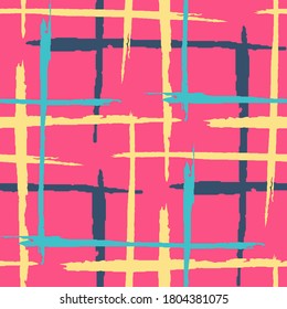 Plaid. Seamless Background with Stripes. Abstract Texture with Horizontal and Vertical Dry Brush Strokes. Scribbled Grunge Pattern for Cotton, Print, Calico. Scottich Ornament. Vector Texture.