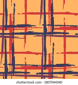 Plaid. Seamless Background with Stripes. Abstract Texture with Horizontal and Vertical Dry Brush Strokes. Scribbled Grunge Pattern for Dress, Paper, Tablecloth. Scottish Motiff. Vector Texture.