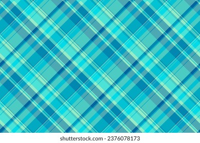 Plaid seamless fabric of background check vector with a textile tartan texture pattern in cyan and teal colors.