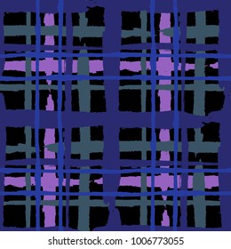 Plaid. Seamless Grunge Background with Hand Painted Crossing Lines for Swimwear, Upholstery, Textile. Rustic Check Texture. Vector Seamless Kilt Texture.