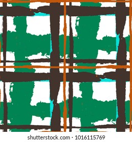 Plaid. Seamless Grunge Background with Hand Painted Crossing Stripes for Wallpaper, Linen, Cloth. Rustic Check Texture. Vector Seamless Kilt Texture. Scottish 
Ornament