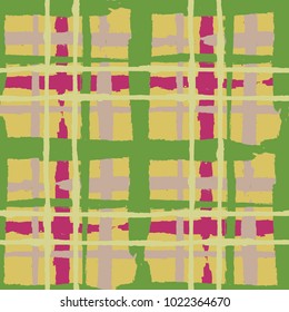 Plaid. Seamless Grunge Background with Hand Painted Crossing Stripes for Wallpaper, Linen, Sportswear. Rustic Check Texture. Vector Seamless Tartan. Scottish 
Ornament