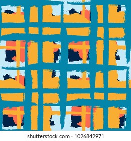 Plaid. Seamless Grunge Background with Hand Painted Crossing Lines for Wrapping Paper, Linen, Sportswear. Rustic Check Texture. Vector Seamless Tartan.