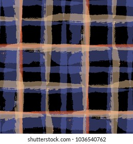 Plaid. Seamless Grunge Background with Hand Painted Crossing Brush Strokes for Swimwear, Upholstery, Textile. Rustic Check Texture. Vector Seamless Kilt Texture.