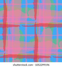 Plaid. Seamless Grunge Background with Hand Painted Crossing Stripes for Print, Upholstery, Cloth. Rustic Check Texture. Vector Seamless Kilt Texture.