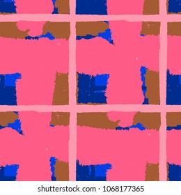 Plaid. Seamless Grunge Background with Hand Painted Crossing Lines for Wrapping Paper, Linen, Sportswear. Rustic Check Texture. Vector Seamless Tartan.