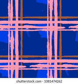 Plaid. Seamless Grunge Background with Hand Painted Crossing Brush Strokes for Wallpaper, Linen, Sportswear. Rustic Check Texture. Vector Seamless Kilt Texture.