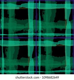 Plaid. Seamless Grunge Background with Hand Painted Crossing Stripes for Wallpaper, Linen, Sportswear. Rustic Check Texture. Vector Seamless Kilt Texture. Scottish 
Ornament
