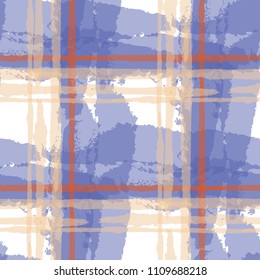 Plaid. Seamless Grunge Background with Hand Painted Crossing Stripes for Wallpaper, Linen, Sportswear. Rustic Check Texture. Vector Seamless Kilt Texture. Scottish Ornament