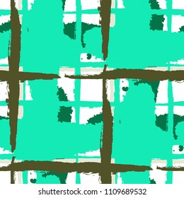 Plaid. Seamless Grunge Background with Hand Painted Crossing Stripes for Print, Upholstery, Cloth. Rustic Check Texture. Vector Seamless Tartan. Scottish Ornament