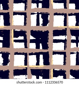 Plaid. Seamless Grunge Background with Hand Painted Crossing Lines for Wallpaper, Linen, Sportswear. Rustic Check Texture. Vector Seamless Plaid. Scottish 
Ornament