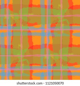 Plaid. Seamless Grunge Background with Hand Painted Crossing Lines for Print, Upholstery, Cloth. Rustic Check Texture. Vector Seamless Tartan.