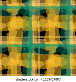 Plaid. Seamless Grunge Background with Hand Painted Crossing Brush Strokes for Swimwear, Fabric, Textile. Rustic Check Texture. Vector Seamless Tartan.