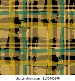 Plaid. Seamless Grunge Background with Hand Painted Crossing Brush Strokes for Print, Linen, Cloth. Rustic Check Texture. Vector Seamless Kilt Texture.