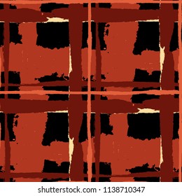 Plaid. Seamless Grunge Background with Hand Painted Crossing Brush Strokes for Wrapping Paper, Linen, Sportswear. Rustic Check Texture. Vector Seamless Plaid Texture.